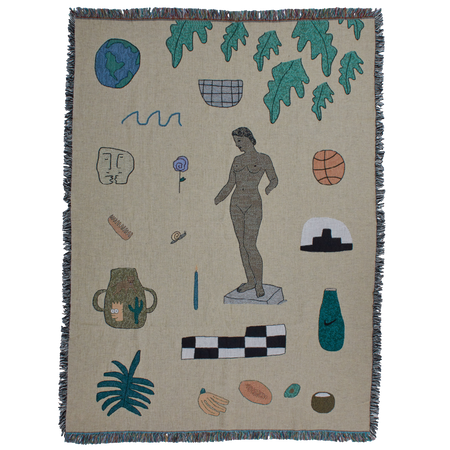 wall hanging blanket featuring playful items such as a nike vase, nude statue, Simpsons character and leaves