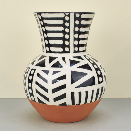 Wide terracotta hand-painted Bogolan vase in black and white designs