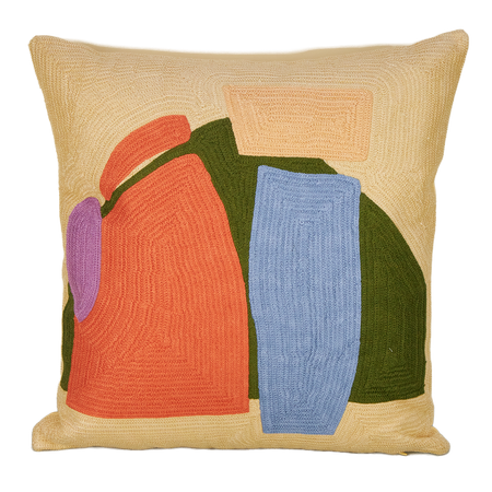 The 'Good Evening' cushion by Cold Picnic - abstract design in orange, blue, peach and olive on a cream base