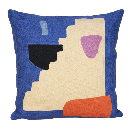 'Good Night' cushion by Cold Picnic - abstract design in cream, orange, lilac and black on a blue base.