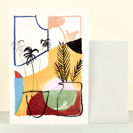 card with abstract charcoal illustrations and geometric colours