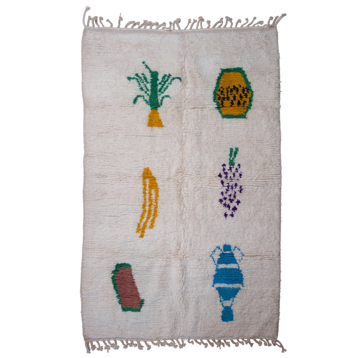 BFGF x A New Tribe Moroccan Berber cream wool rug featuring playful fruit design.