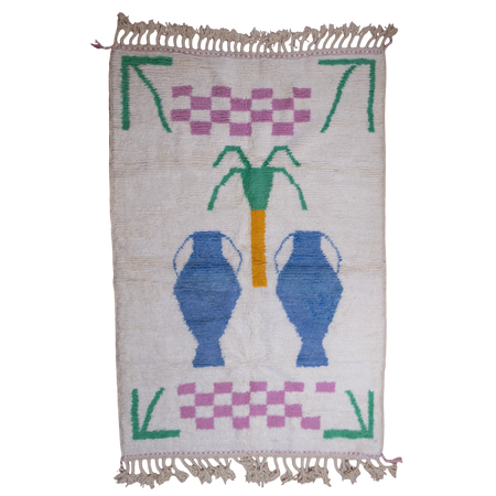 BFGF x A New Tribe Moroccan Berber cream wool rug featuring palm tree and vase design.
