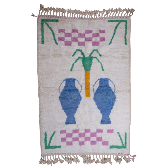BFGF x A New Tribe Moroccan Berber cream wool rug featuring palm tree and vase design.