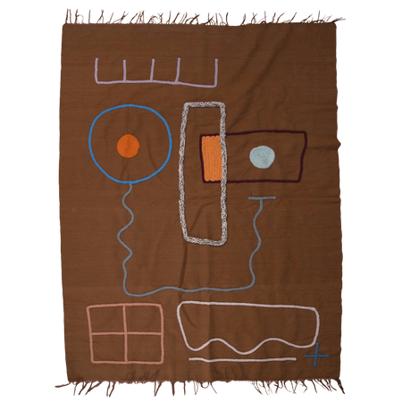 LRNCE embroidered brown blanket with abstract face design