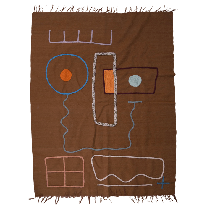 LRNCE embroidered brown blanket with abstract face design