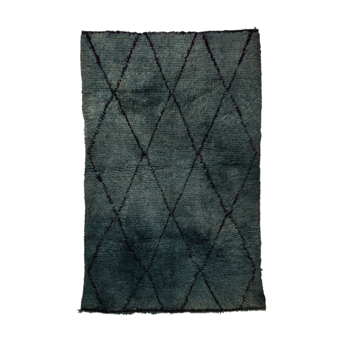 Dark blue grey Moroccan Berber rug with a classic black diamond pattern hand made by the Boujad tribe.