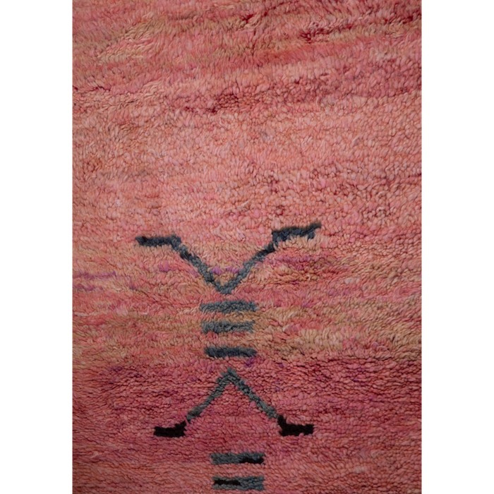 Moroccan Boujad wool hand-knotted rug with soft pink ombre base and black Berber symbols