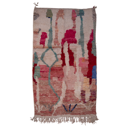 Moroccan Berber hand-made Boujad wool rug available to buy with an abstract design in pink, red and cream
