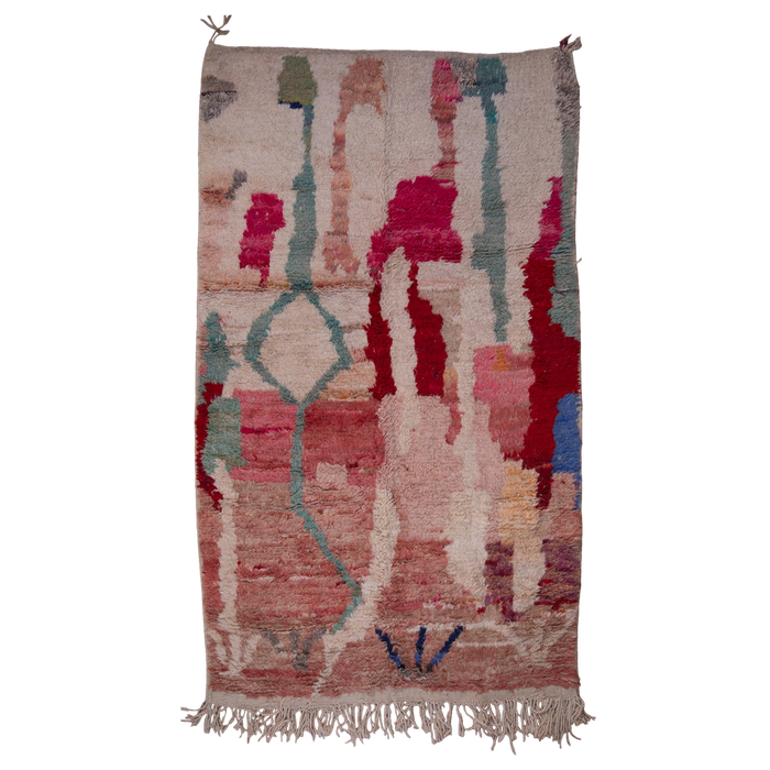 Moroccan Berber hand-made Boujad wool rug available to buy with an abstract design in pink, red and cream