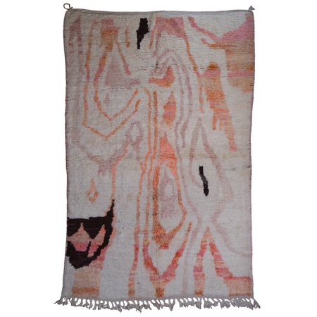 Moroccan Berber Boujad wool hand-knotted rug with abstract design in cream, pink and orange with brown.