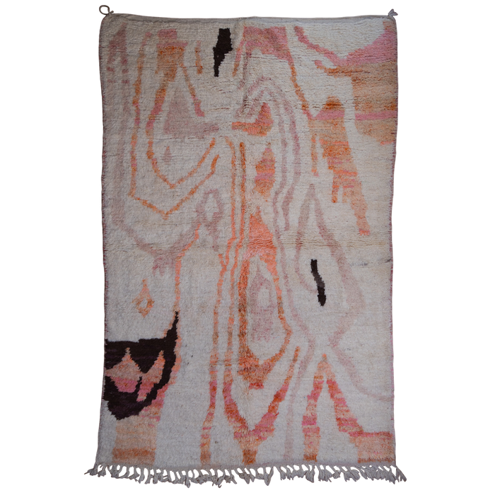 Moroccan Berber Boujad wool hand-knotted rug with abstract design in cream, pink and orange with brown.