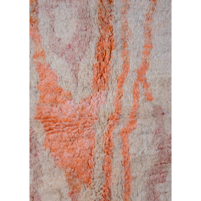 Moroccan Berber Boujad wool hand-knotted rug with abstract design in cream, pink and orange with brown.