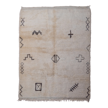 Moroccan Beni Ourain rug with berber symbols in washed black on a luxurious cream wool base. 