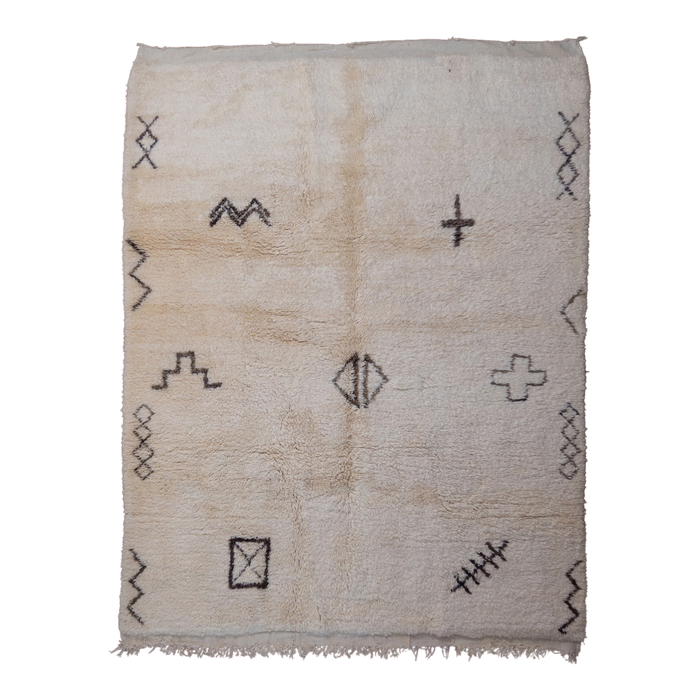 Moroccan Beni Ourain rug with berber symbols in washed black on a luxurious cream wool base. 
