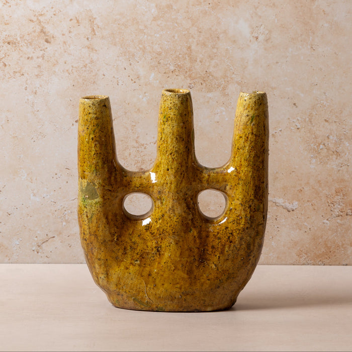 Moroccan Scupltural Tamegroute Triple Neck Vase