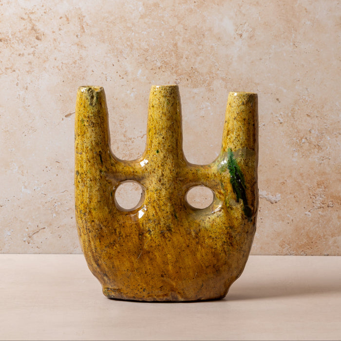 Moroccan Scupltural Tamegroute Triple Neck Vase