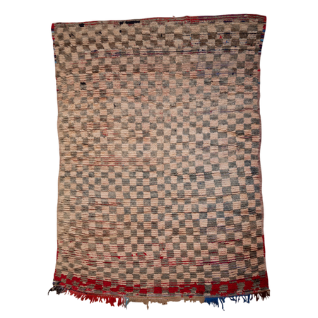 Vintage pink & black Moroccan hand knotted rug with a checkered pattern on a white background