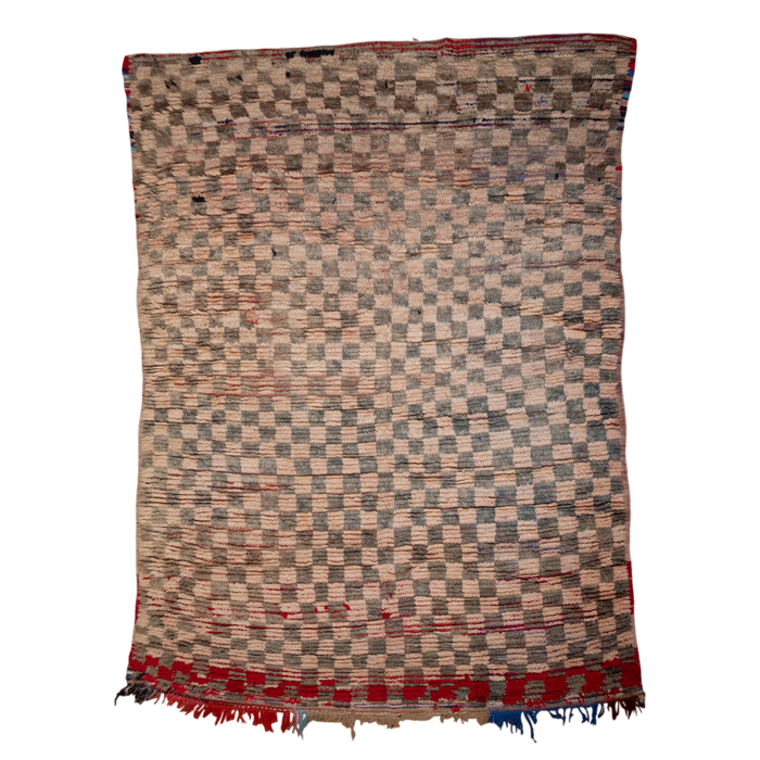 Vintage pink & black Moroccan hand knotted rug with a checkered pattern on a white background