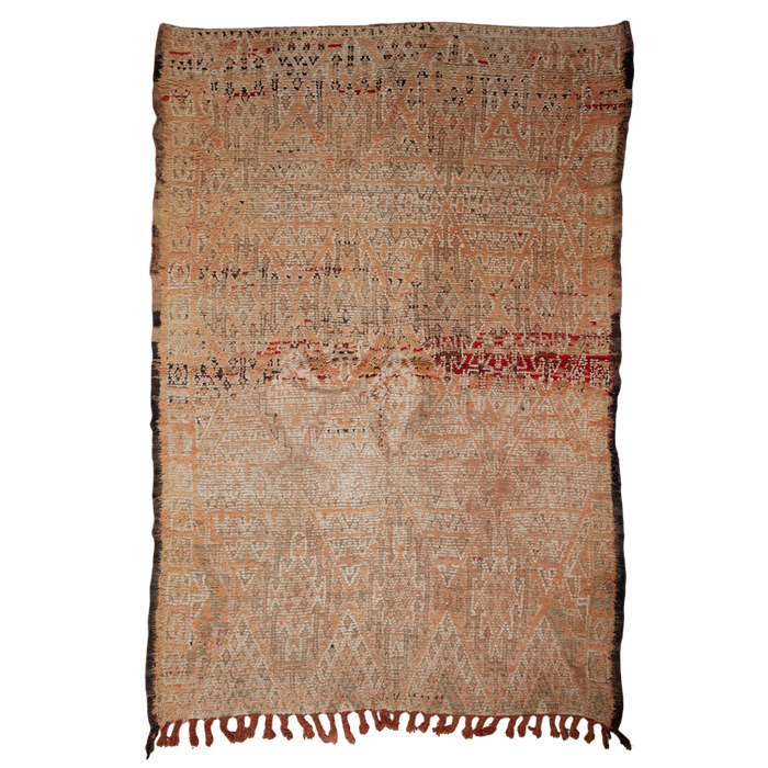 Moroccan hand knotted rug with intricate patterns and fringes on a white background