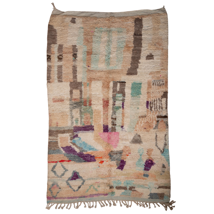 Multicolored woven rug with geometric pattern on a white background