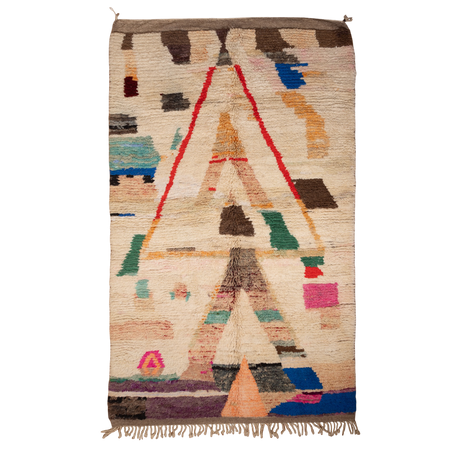 Moroccan Hand knotted Berber rug with abstract design in cream and brown with pops of colour