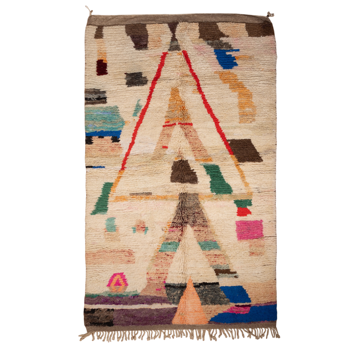 Moroccan Hand knotted Berber rug with abstract design in cream and brown with pops of colour