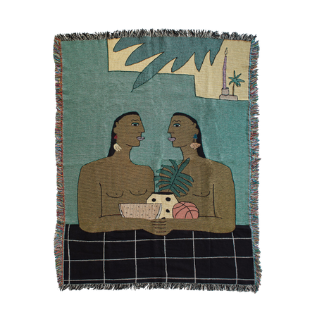 wall hanging blanket two topless people with ceramics and plants in the desert