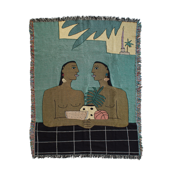 wall hanging blanket two topless people with ceramics and plants in the desert