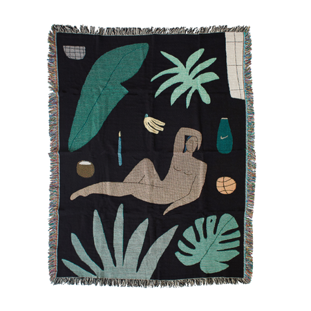 tropical illustrated wall hanging blanked with nude person and nike logo