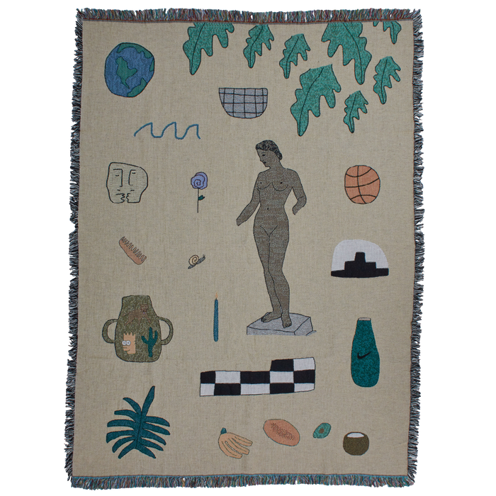 wall hanging blanket featuring playful items such as a nike vase, nude statue, Simpsons character and leaves