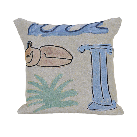 beige pillow with illustrations in neutral colours