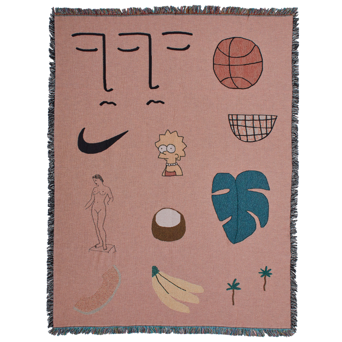 wall hanging blanket with illustrations of Lisa Simpson, nike, basketball, banana, nude statue