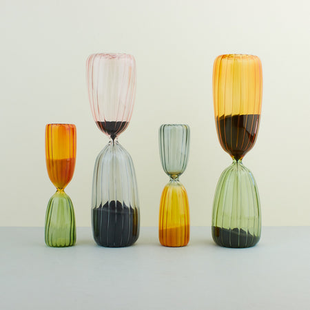 colourful sand-timers with split-coloured reeded glass