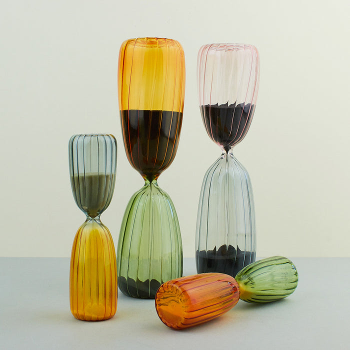colourful sand-timers with split-coloured reeded glass