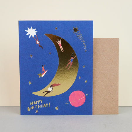 birthday card blue background with moon and planets, illustrated people floating