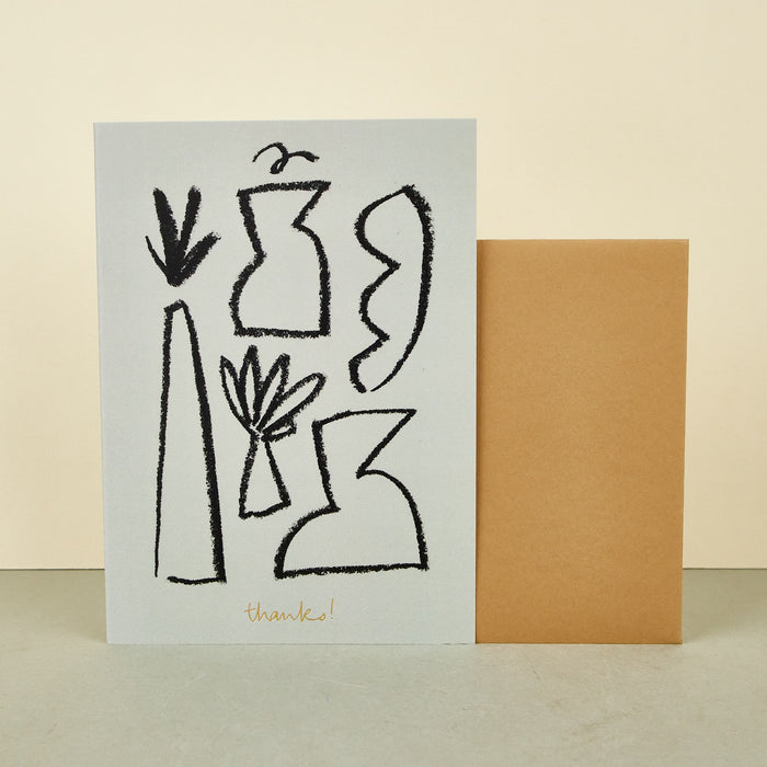 thank you card with charcoal drawings of ceramics
