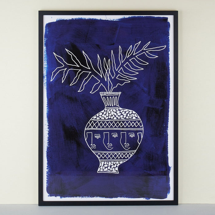'Cream Vase on Blue' A2 Print - Framed