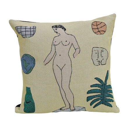 beige cushion with illustrated items such as nude statue, earth, nike vase and plant. 