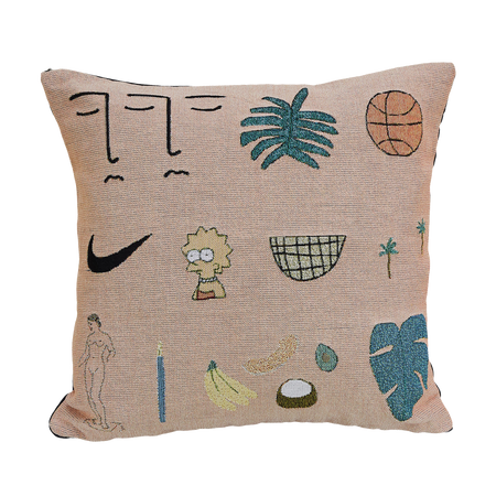 pillow with illustrations of Lisa Simpson, nike, basketball, banana, nude statue