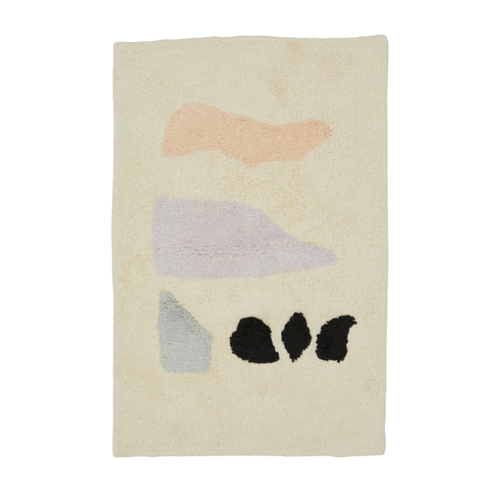 bath mat abstract peach, lilac, blue and black design on a plush cream base