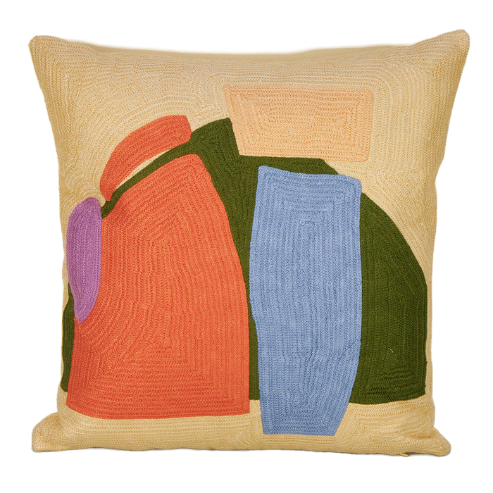 The 'Good Evening' cushion by Cold Picnic - abstract design in orange, blue, peach and olive on a cream base