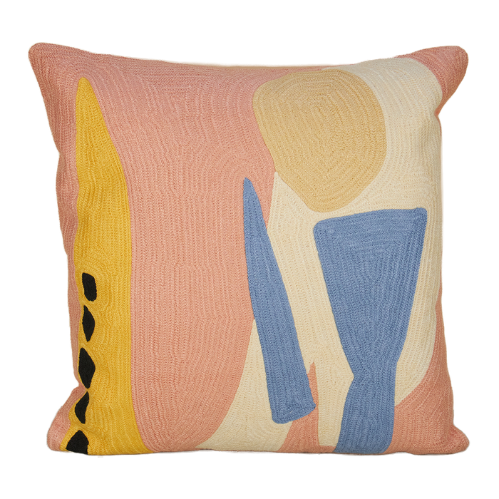 The 'Good Morning' cushion by Cold Picnic - abstract design in yellow, blue, peach and white on a pink base.
