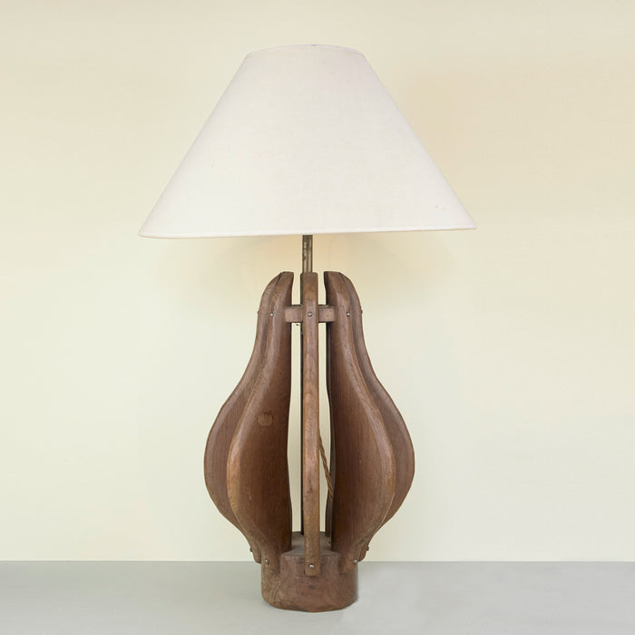 lamp of wooden base and vintage cream lampshade