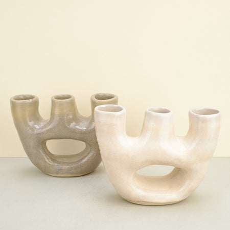 Hand-built sculptural ceramic vase with three openings beige and white