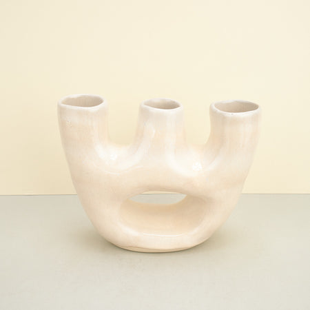 Hand-built sculptural ceramic vase with three openings white