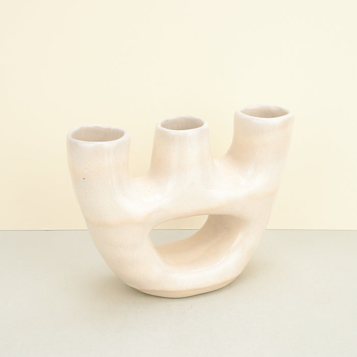 Hand-built sculptural ceramic vase with three openings white