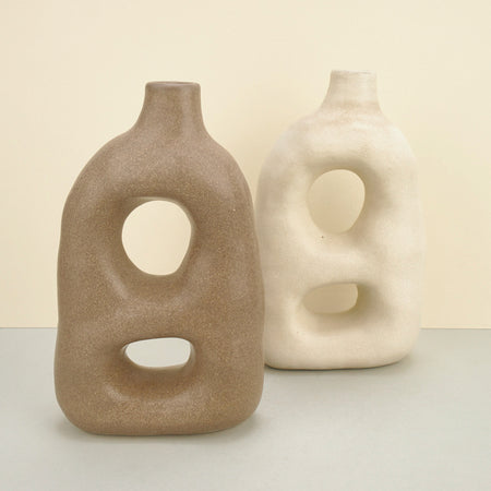 hand-built sculptural ceramic tall vase in beige and white