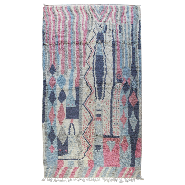 Moroccan berber azilal rug pattern in washed pink, blue, cream and black