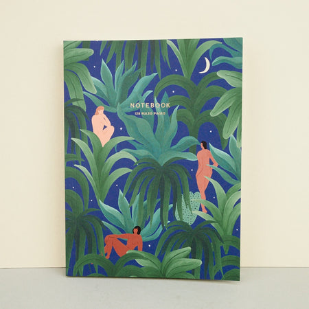 jungle in the night, three naked illustrated women. green leaves